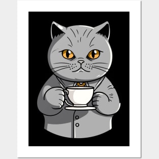 British Shorthair Cat Drinking Coffee Posters and Art